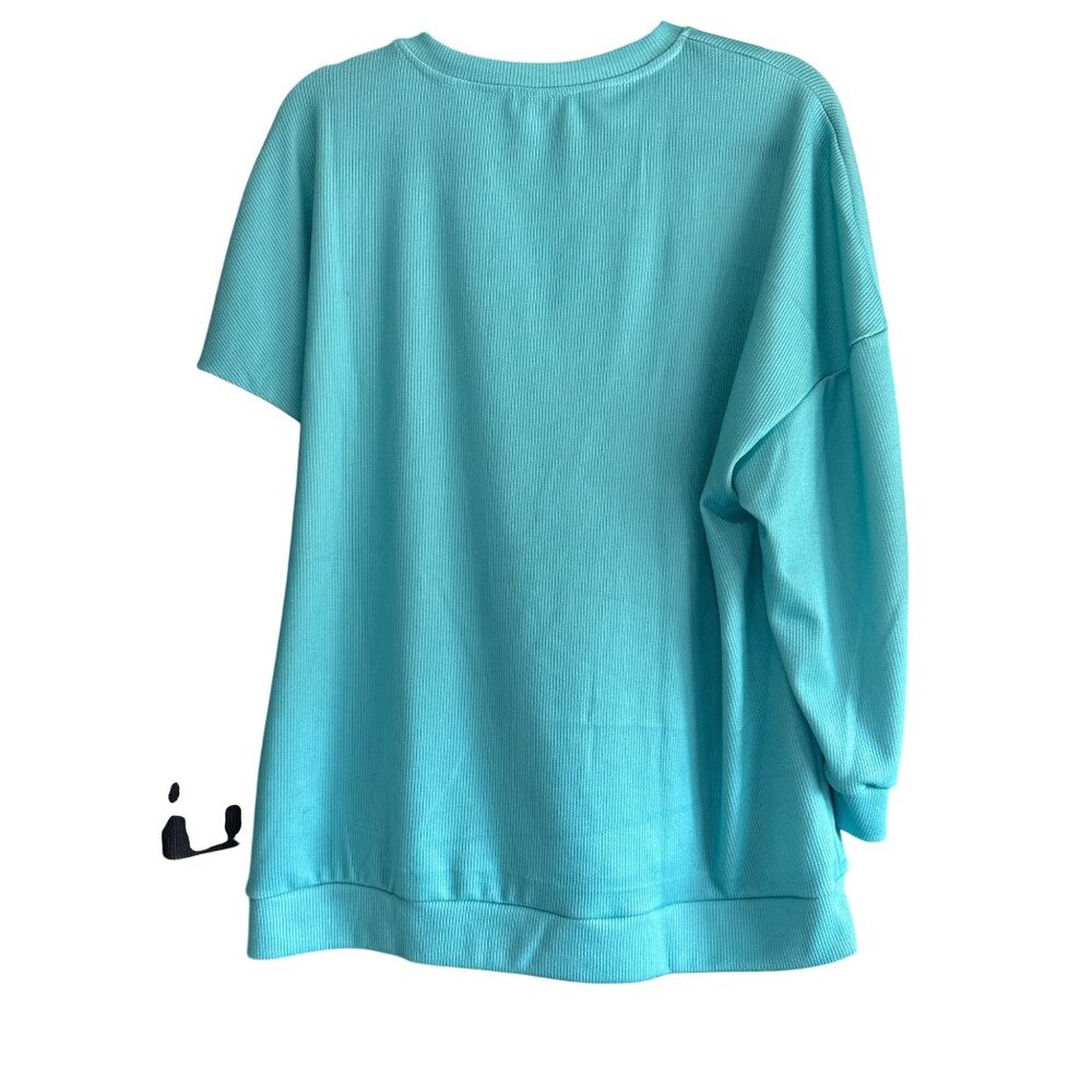 Oversized Turquoise Henley With Black Cat Print & Button Neck Size 2XL - Picture 3 of 5